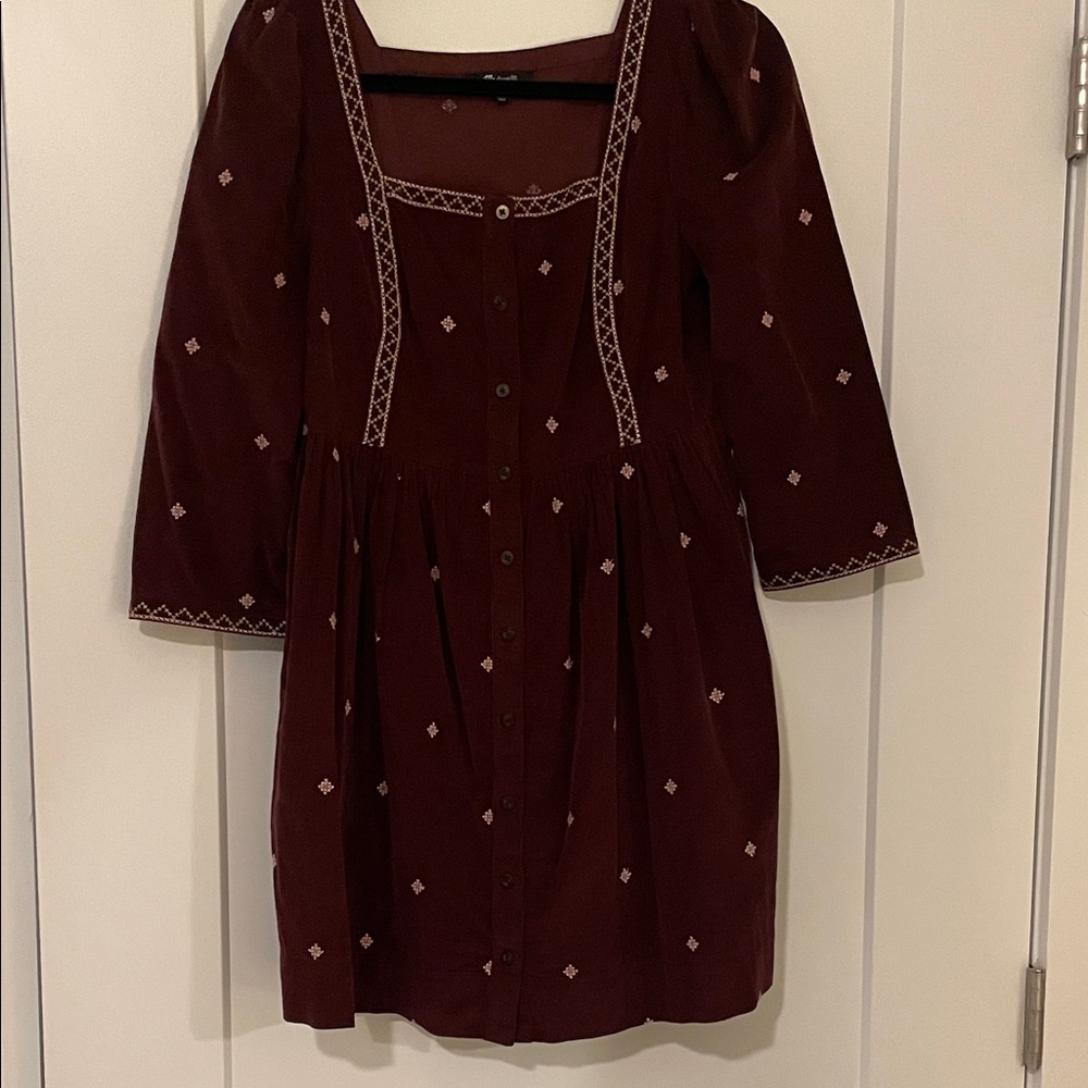 Madewell Burgundy Long Sleeve Dress with Embroidery